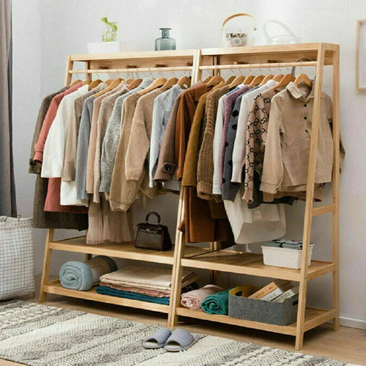 Bamboo Clothes Rail Rack Garment Stand with Top Shelf Shoe Storage Ladder Rails CorbyCart