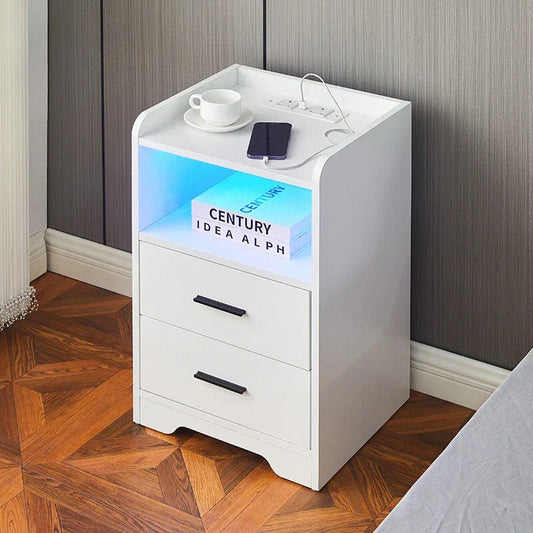 LED Light Bedside Table Nightstand High Gloss 2 Drawers USB Port Power Plug CorbyCart