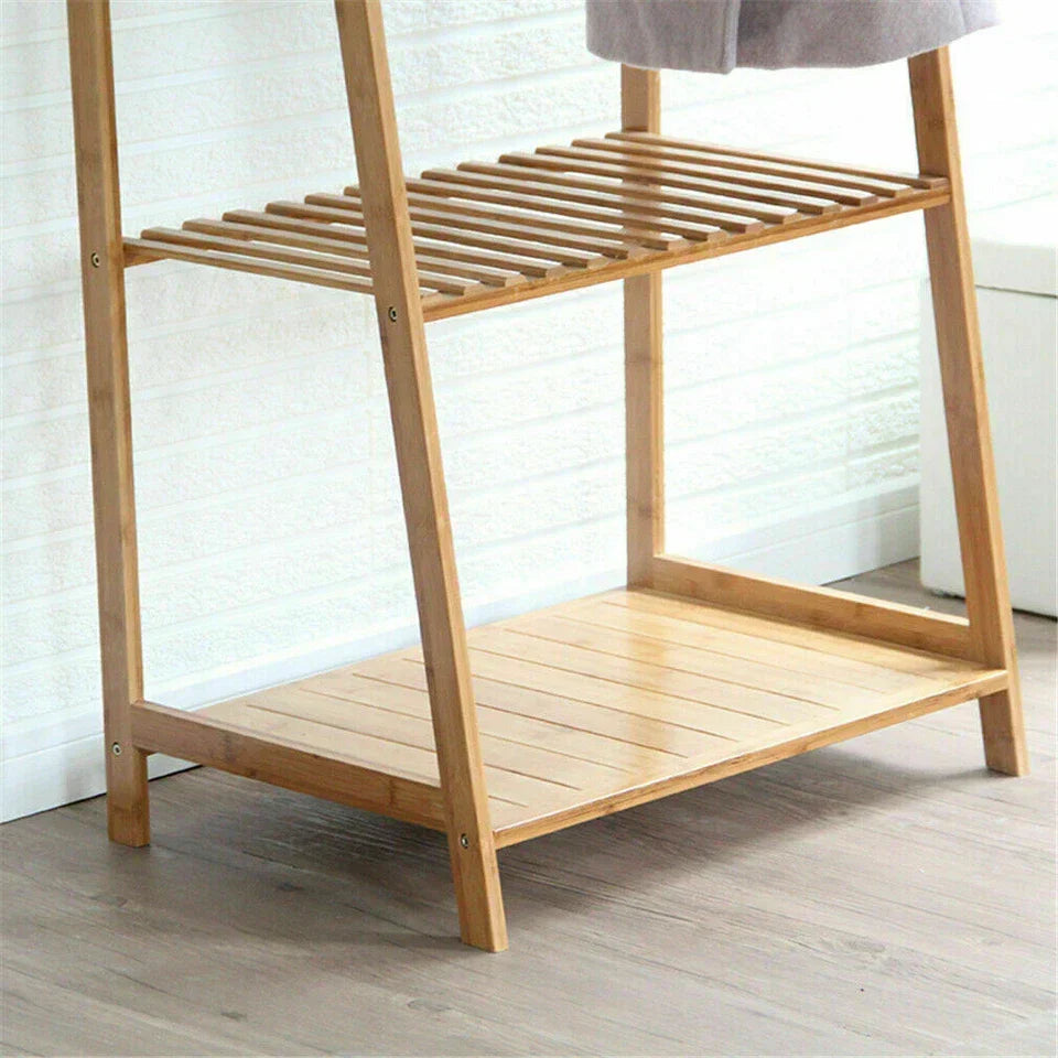 Bamboo Clothes Rail Rack Garment Stand with Top Shelf Shoe Storage Ladder Rails CorbyCart
