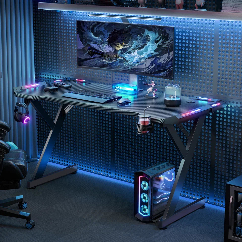 Gaming Desk LED RGB Computer Table Workstation w/ Cup Holder & Headphone Hook CorbyCart