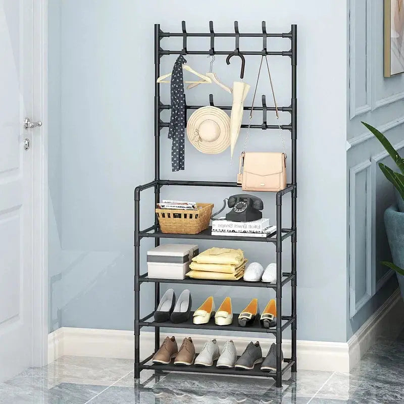 8 Hooks Coat and Hat Stand Metal + Plastic Shoe Rack Bedroom Shelf Hanger CorbyCart