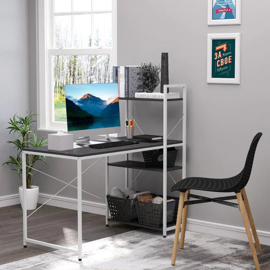 Computer Desk Laptop Table w/4-tier Bookshelf Metal Frame Black, White CorbyCart