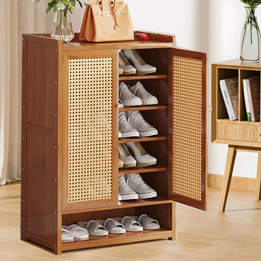 Shoe Cabinet Storage Cupboard Footwear Stand Rack Wooden Double Rattan Doors UK CorbyCart