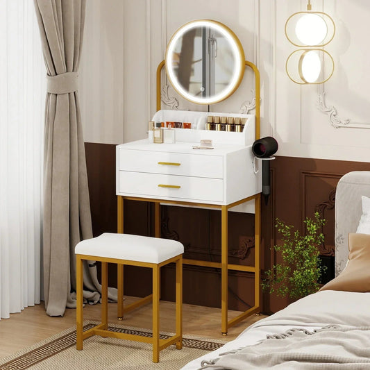Modern Vanity Dressing Table LED Light Mirror Stool Shelves 2 Drawers Compact CorbyCart