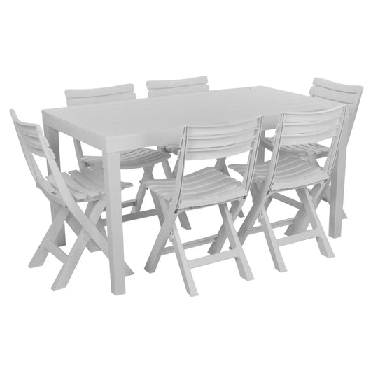 White Garden Plastic Patio Dining Large Table & Folding Chairs Outdoor Furniture CorbyCart