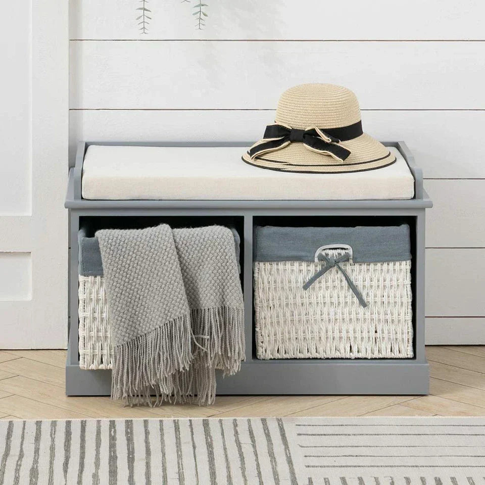 Large Shoe Storage Bench with Seat Cushion And 2 Rattan Basket Organiser Hallway CorbyCart