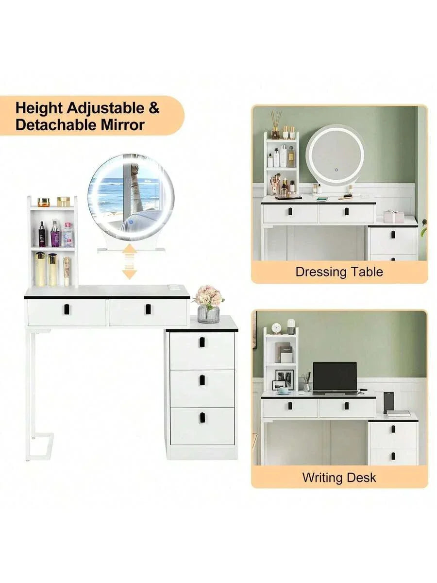 Dressing Table With Mirror Stool, Vanity Table Set With 3 Color Detachable LED CorbyCart