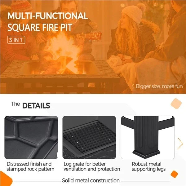 Large Fire Pit BBQ Outdoor Iron Grill Square Garden Table Patio Log Burner Stove Corbycart