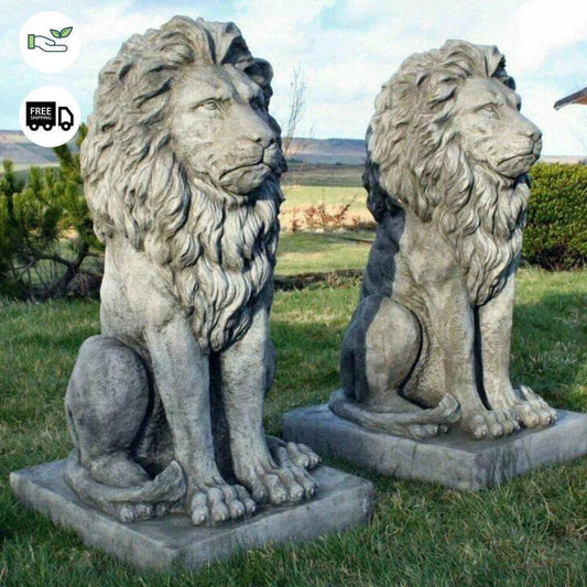 Pair Large Proud Lions Heavy Stone Cast Garden Statues by DGS UK 330KGS Corbycart