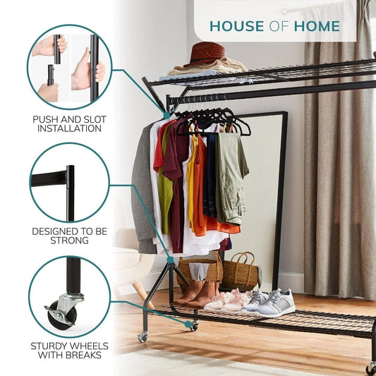 Clothing Rail Heavy Duty 6ft 5ft 4ft Hanging Clothes Shoe Hat Rack Shelf Wheels CorbyCart