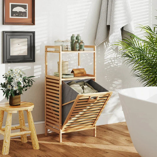 Bamboo Bathroom Shelf Tilt out Laundry Hamper Storage Organiser w/Laundry Basket CorbyCart