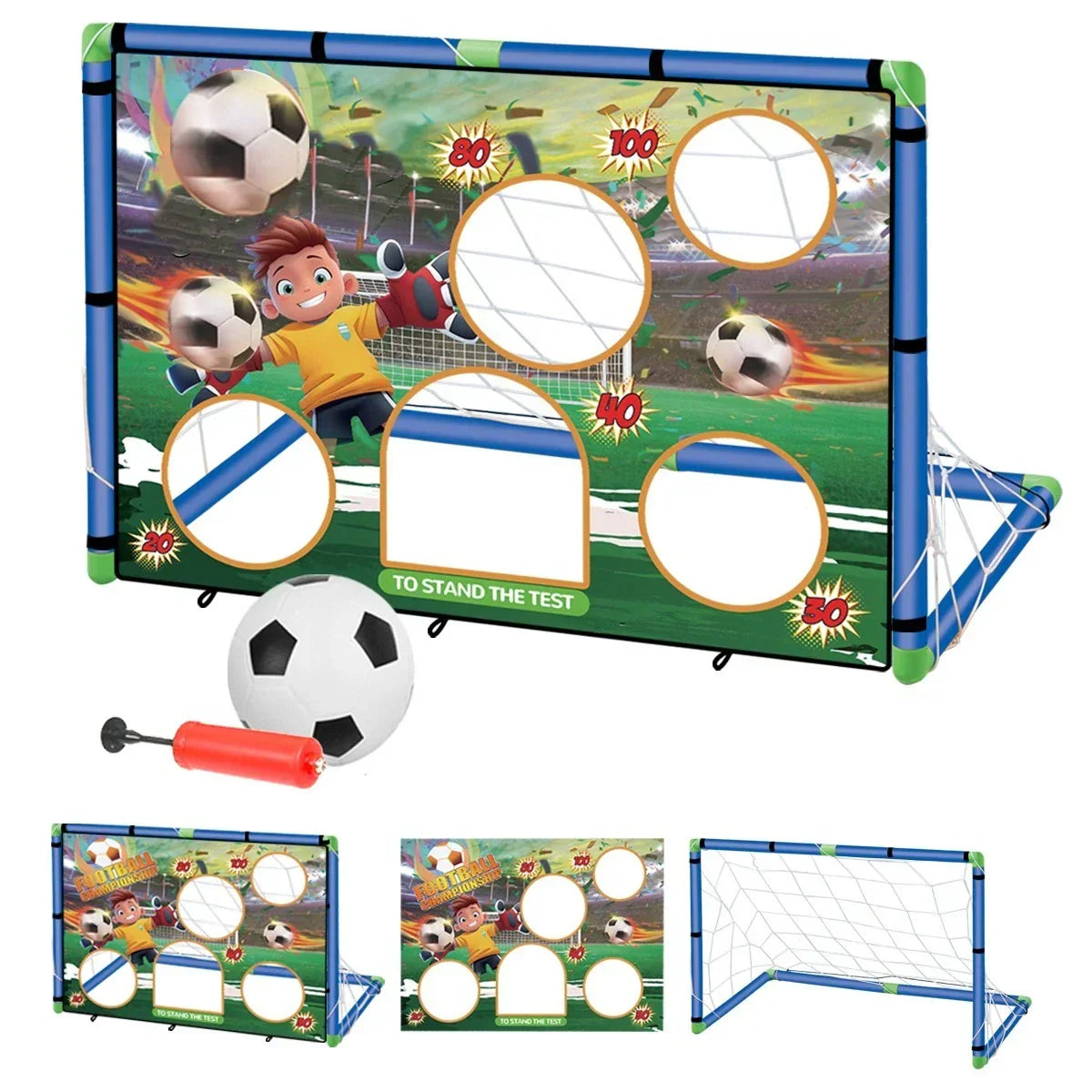 Kids 2in1 Portable Soccer Goal Post Up Football Target Board With Net, Ball Pump CorbyCart