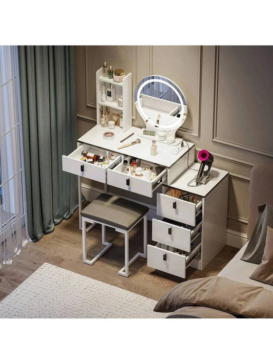 Dressing Table With Mirror Stool, Vanity Table Set With 3 Color Detachable LED CorbyCart