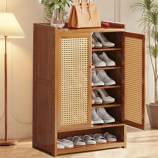 Shoe Cabinet Storage Cupboard Footwear Stand Rack Wooden Double Rattan Doors UK CorbyCart