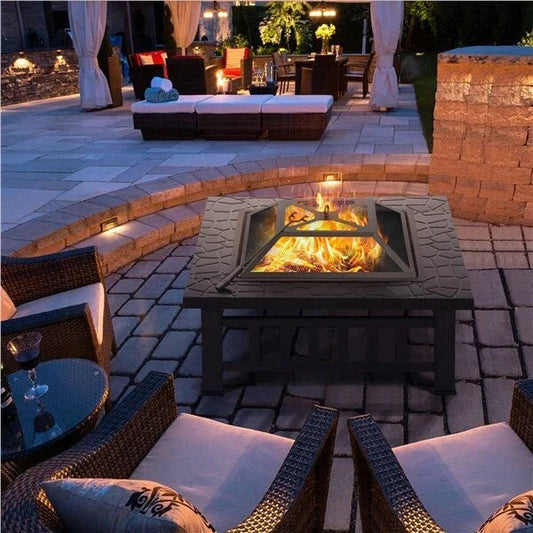 Large Fire Pit BBQ Outdoor Iron Grill Square Garden Table Patio Log Burner Stove Corbycart