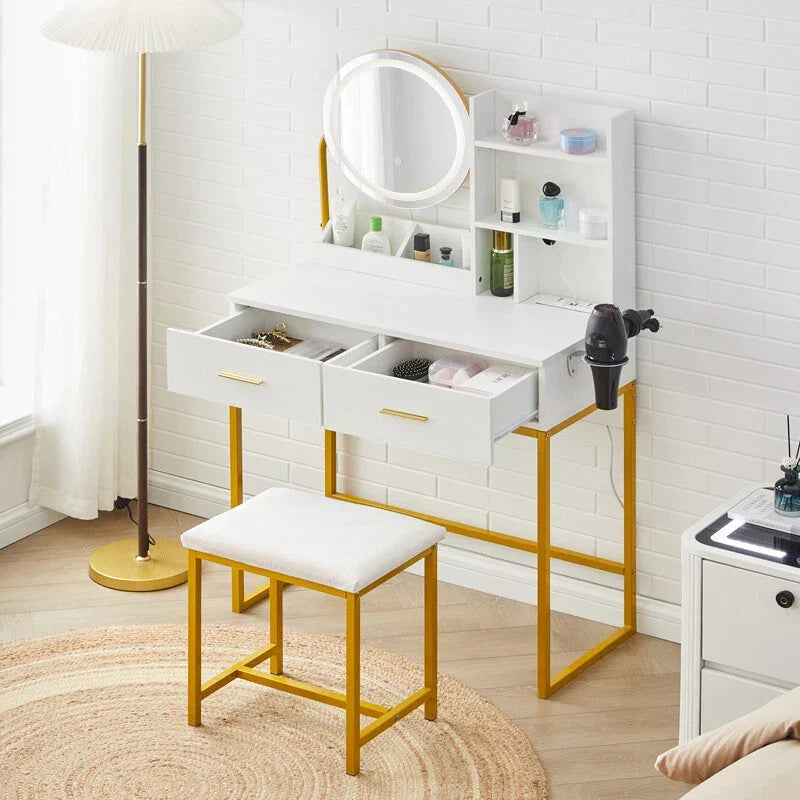 Dressing Table Round Mirror LED Lights Stool Vanity Table Makeup Desk Gold Leg CorbyCart