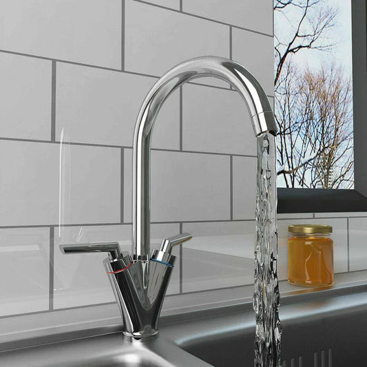 Modern Kitchen Mixer Tap Dual Lever Swivel Spout Mono Chrome Sink Taps Faucet Corbycart