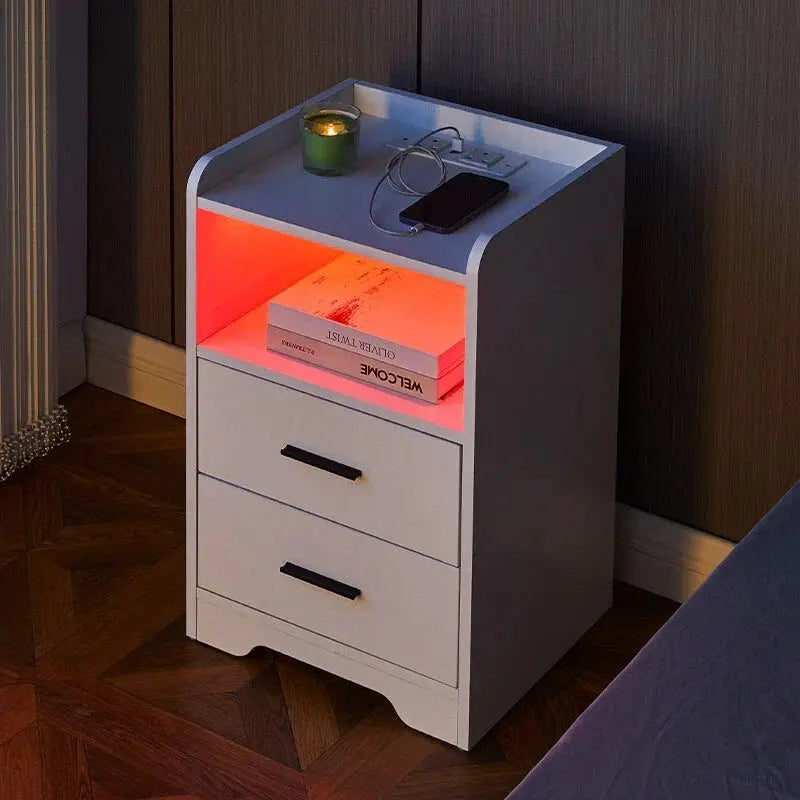 LED Light Bedside Table Nightstand High Gloss 2 Drawers USB Port Power Plug CorbyCart