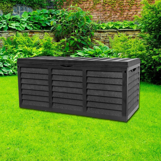 Black 320L Plastic Storage Box Garden Outdoor Shed Utility Cushion Chest Truck Corbycart