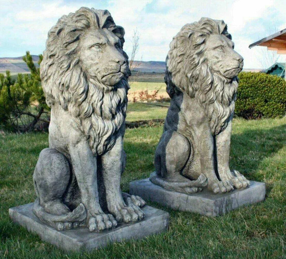 Pair Large Proud Lions Heavy Stone Cast Garden Statues by DGS UK 330KGS Corbycart