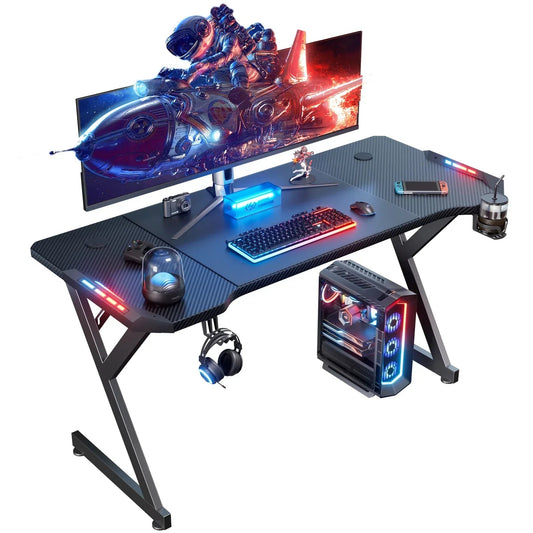 Gaming Desk LED RGB Computer Table Workstation w/ Cup Holder & Headphone Hook CorbyCart