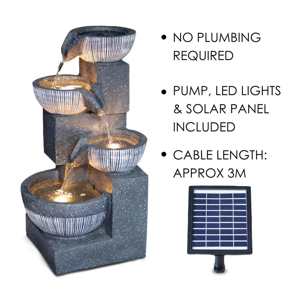 Solar Garden Water Feature Fountain Deco- ration 4 Tier Bowl LED Outdoor Indoor Corbycart