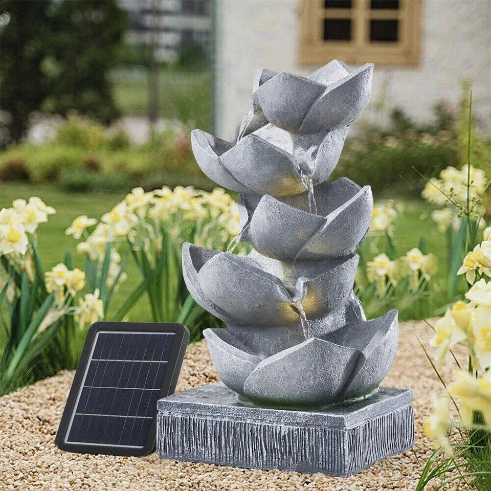 Water Feature Lotus Cascading Fountain With Solar LED Light Outdoor Garden Decor Corbycart