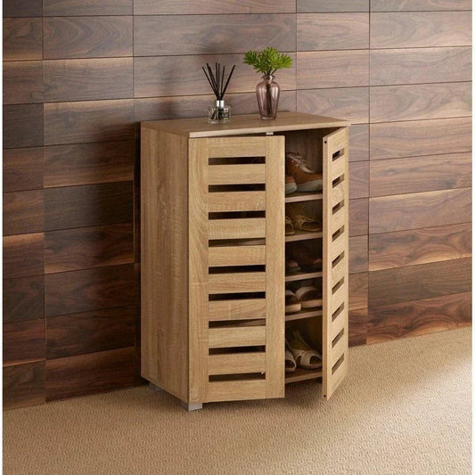 2 Door Shoe Storage Cabinet Rack Stand Cupboard Oak Wooden Slatted Doors Oslo CorbyCart
