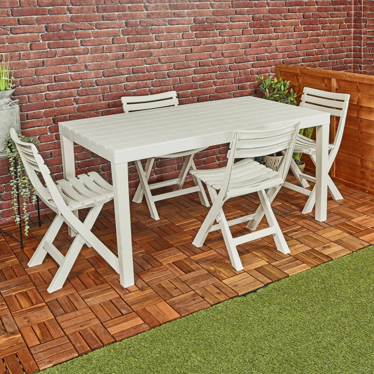 White Garden Plastic Patio Dining Large Table & Folding Chairs Outdoor Furniture CorbyCart