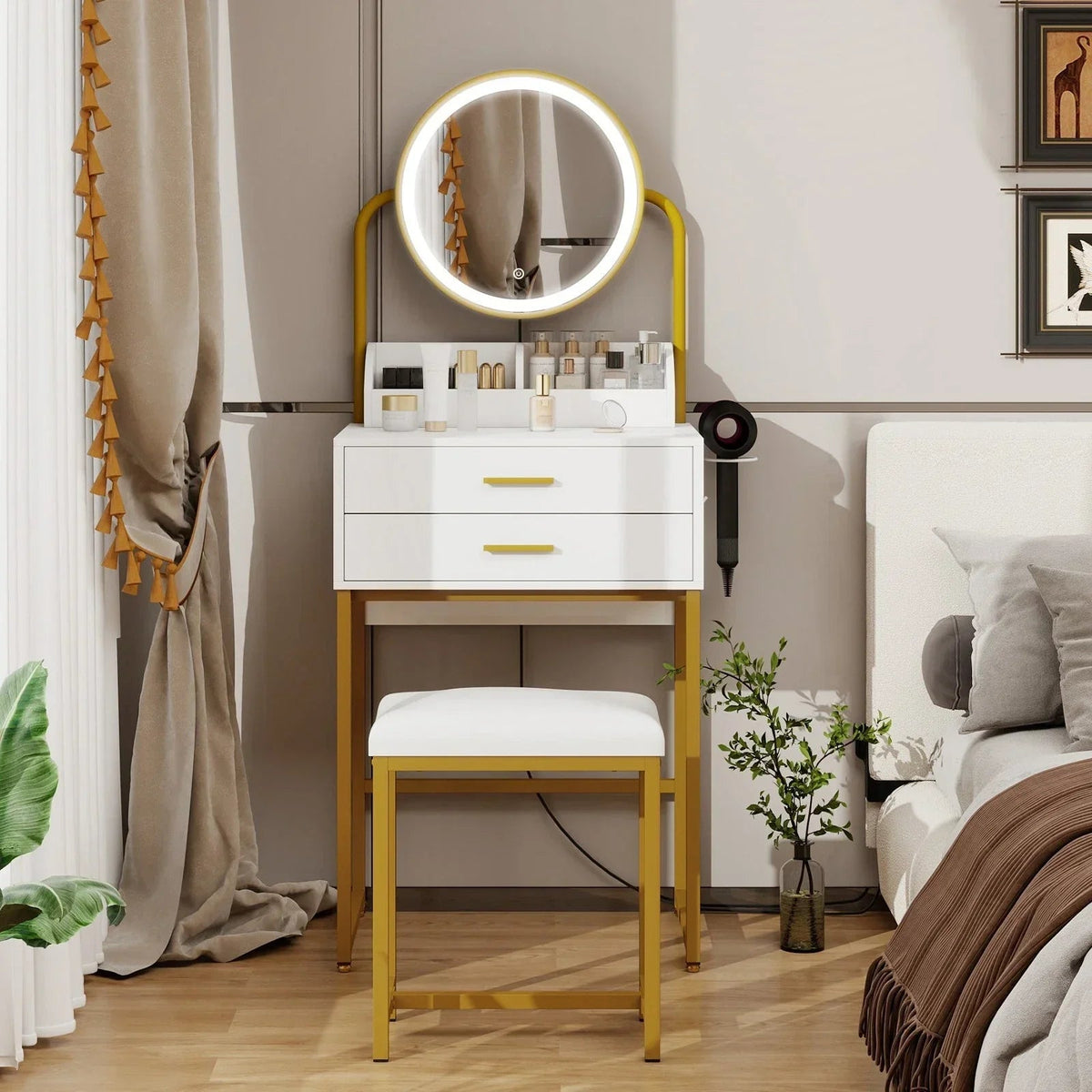 Modern Vanity Dressing Table LED Light Mirror Stool Shelves 2 Drawers Compact CorbyCart
