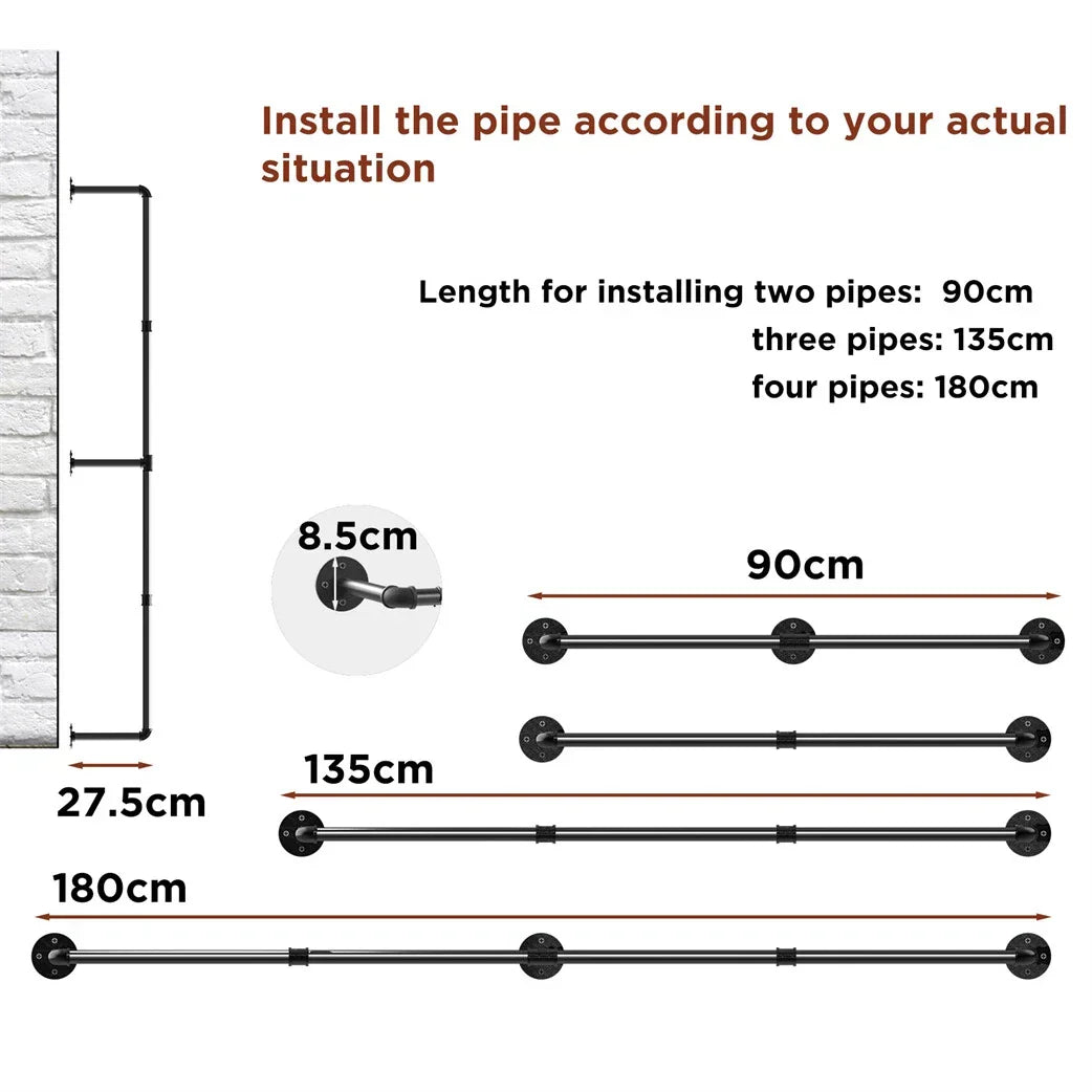 6ft Heavy Duty Clothes Rail Pipe Garment Rack Wall Mounted Hanging Clothing Pole CorbyCart