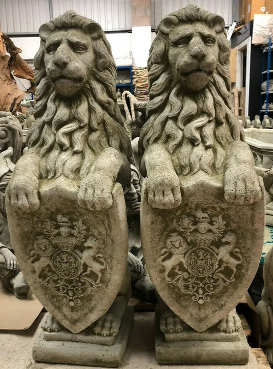 Pair Armorial Lion Statues | Reconstituted Stone Animal Concrete Garden Ornament Corbycart