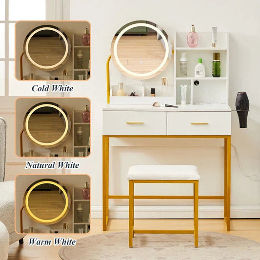Dressing Table Round Mirror LED Lights Stool Vanity Table Makeup Desk Gold Leg CorbyCart