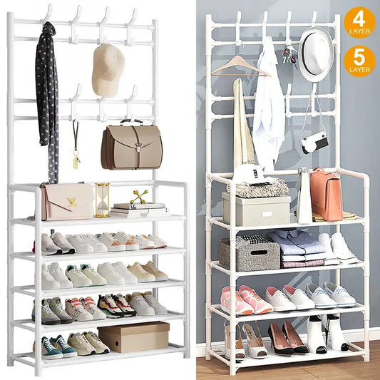 8 Hooks Coat and Hat Stand Metal + Plastic Shoe Rack Bedroom Shelf Hanger CorbyCart