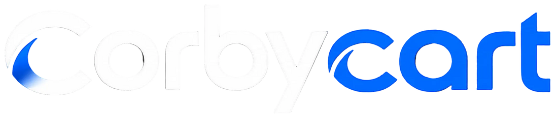 Corbycart logo in white and blue on a solid black background.