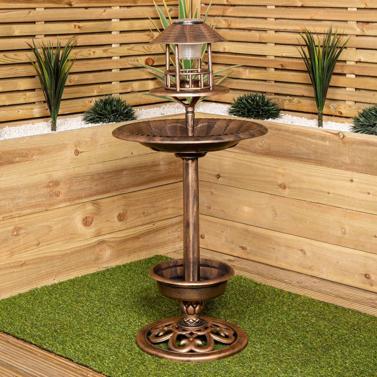 110cm Bronze Effect Resin Garden Bird Bath & Table with Solar Light Corbycart