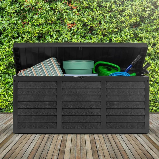 Black 320L Plastic Storage Box Garden Outdoor Shed Utility Cushion Chest Truck Corbycart