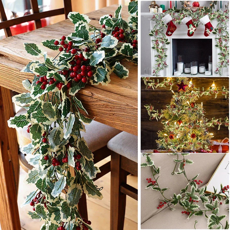 2M Christmas Garland Holly Leaf Red Berries Winter Fireplace Hanging Party Decor CorbyCart