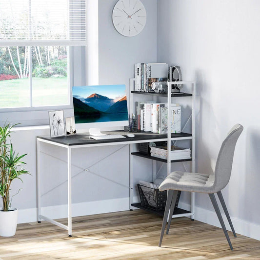 Computer Desk Laptop Table w/4-tier Bookshelf Metal Frame Black, White