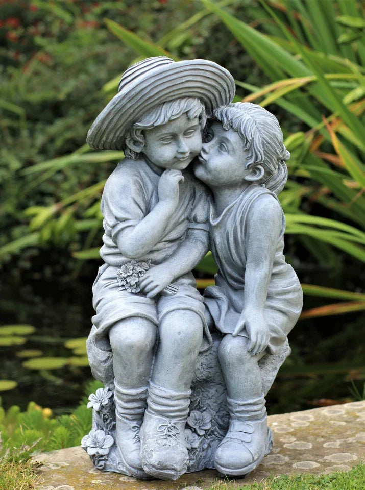 Garden Ornaments Boy & Girl Loving Kissing Cherub Statue Grey Corbycart