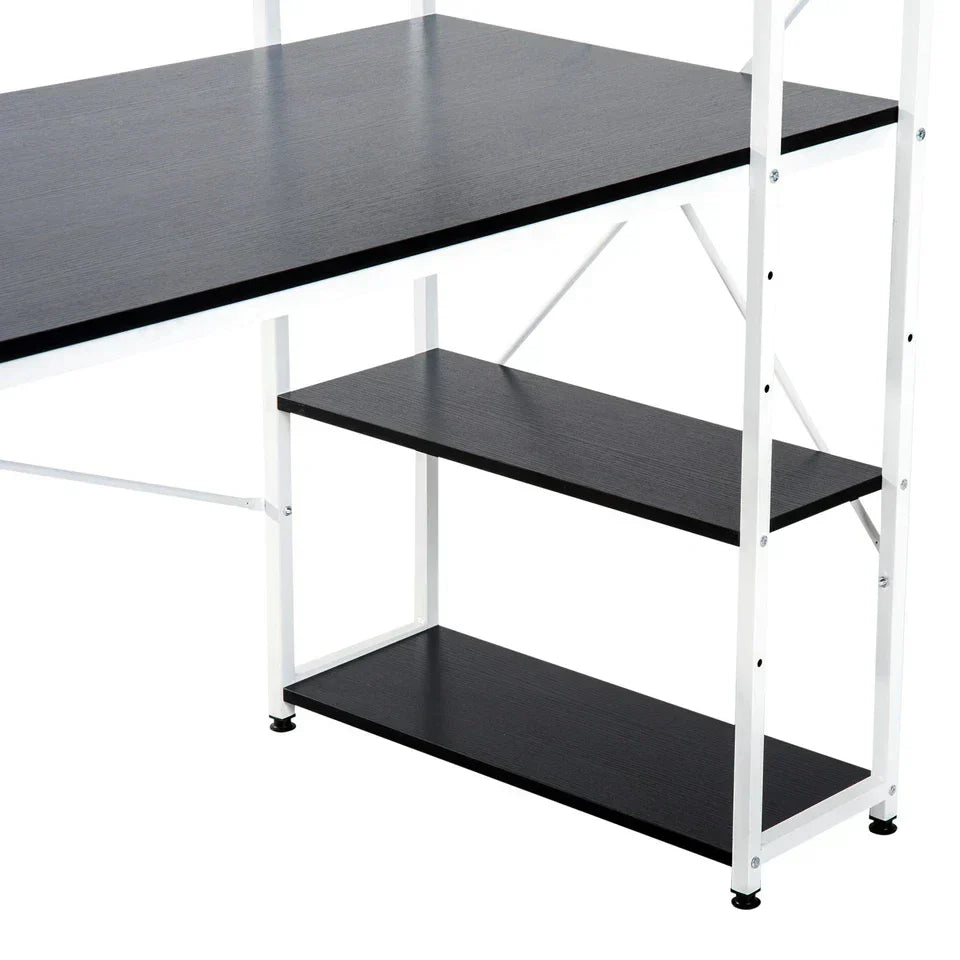 Computer Desk Laptop Table w/4-tier Bookshelf Metal Frame Black, White