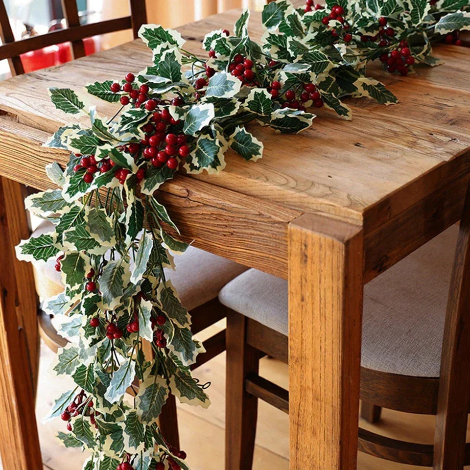 2M Christmas Garland Holly Leaf Red Berries Winter Fireplace Hanging Party Decor CorbyCart