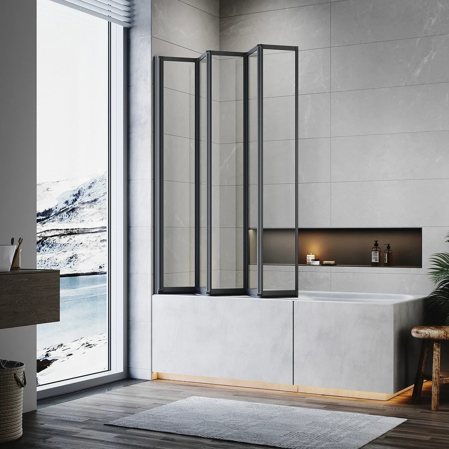5 Folding Bath Shower Screen Black / Chrome Frame Wet Room Glass Panel 1200 x 1400mm