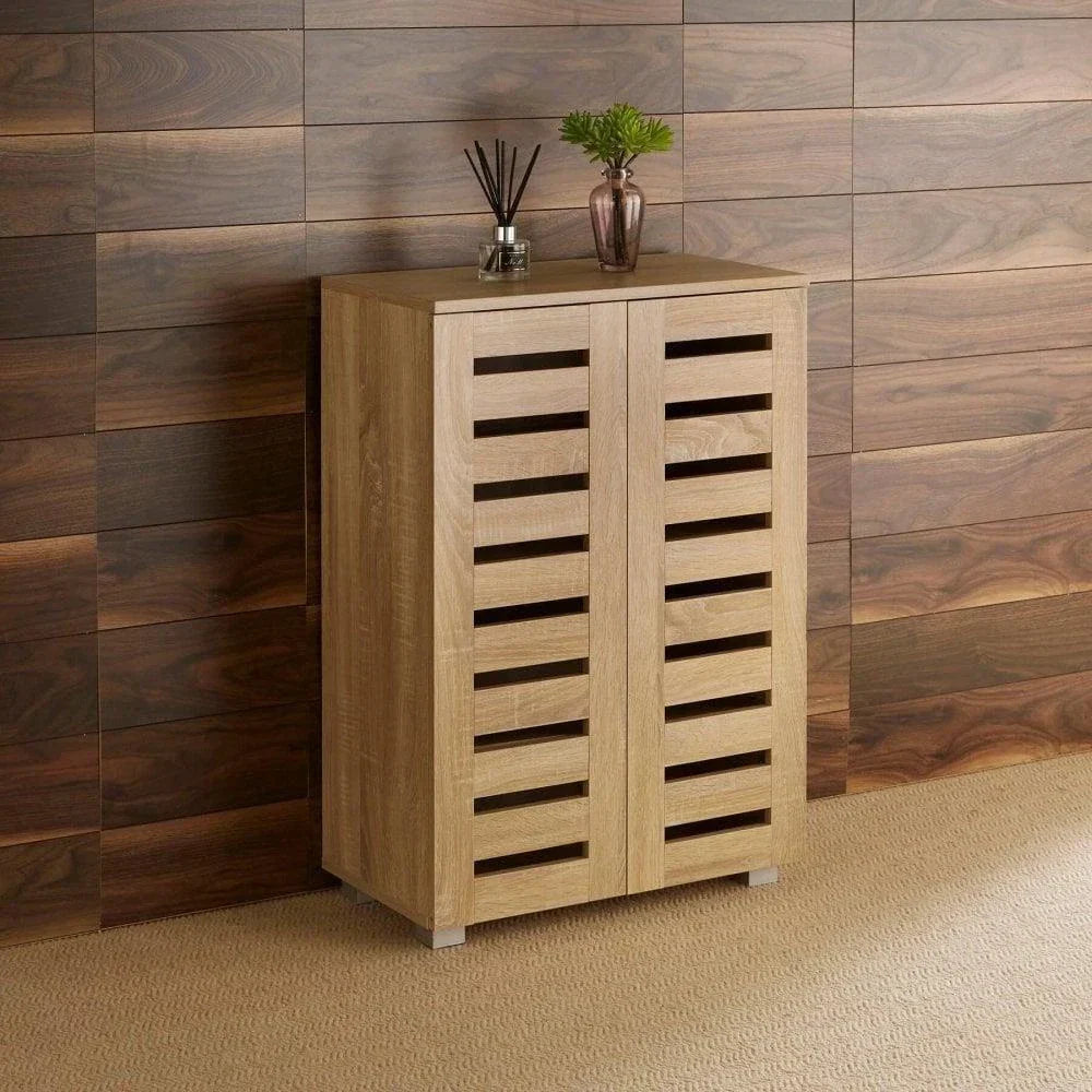 2 Door Shoe Storage Cabinet Rack Stand Cupboard Oak Wooden Slatted Doors Oslo CorbyCart