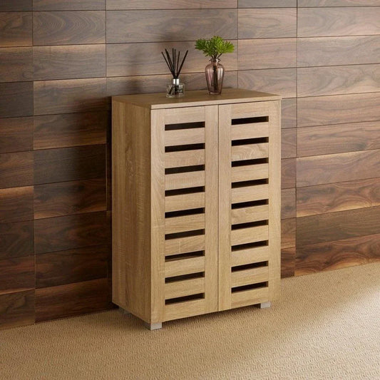 2 Door Shoe Storage Cabinet Rack Stand Cupboard Oak Wooden Slatted Doors Oslo