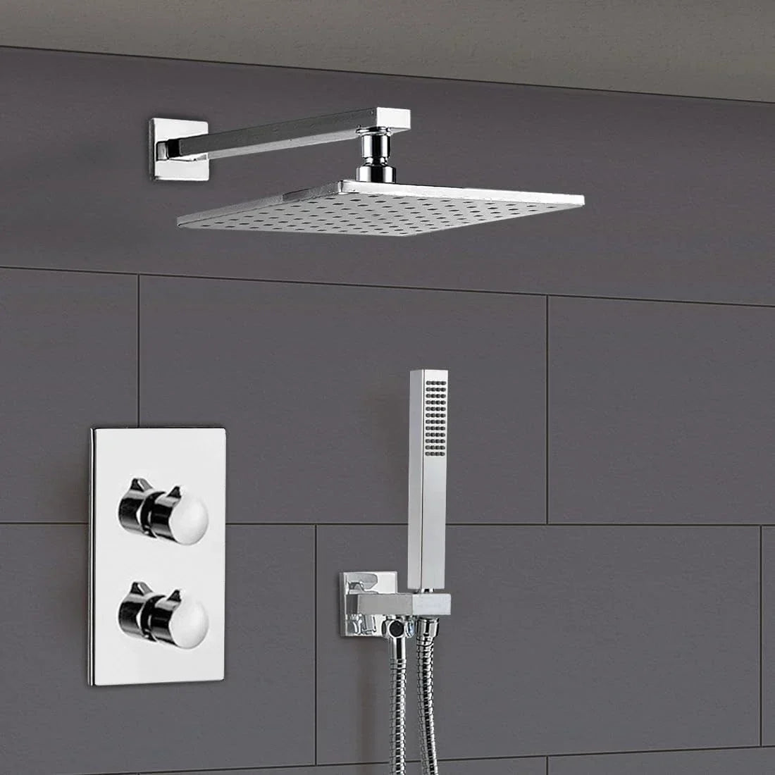 Modern Concealed Square Shower Brass Valve Mixer Twin Head Shower Set Chrome CorbyCart
