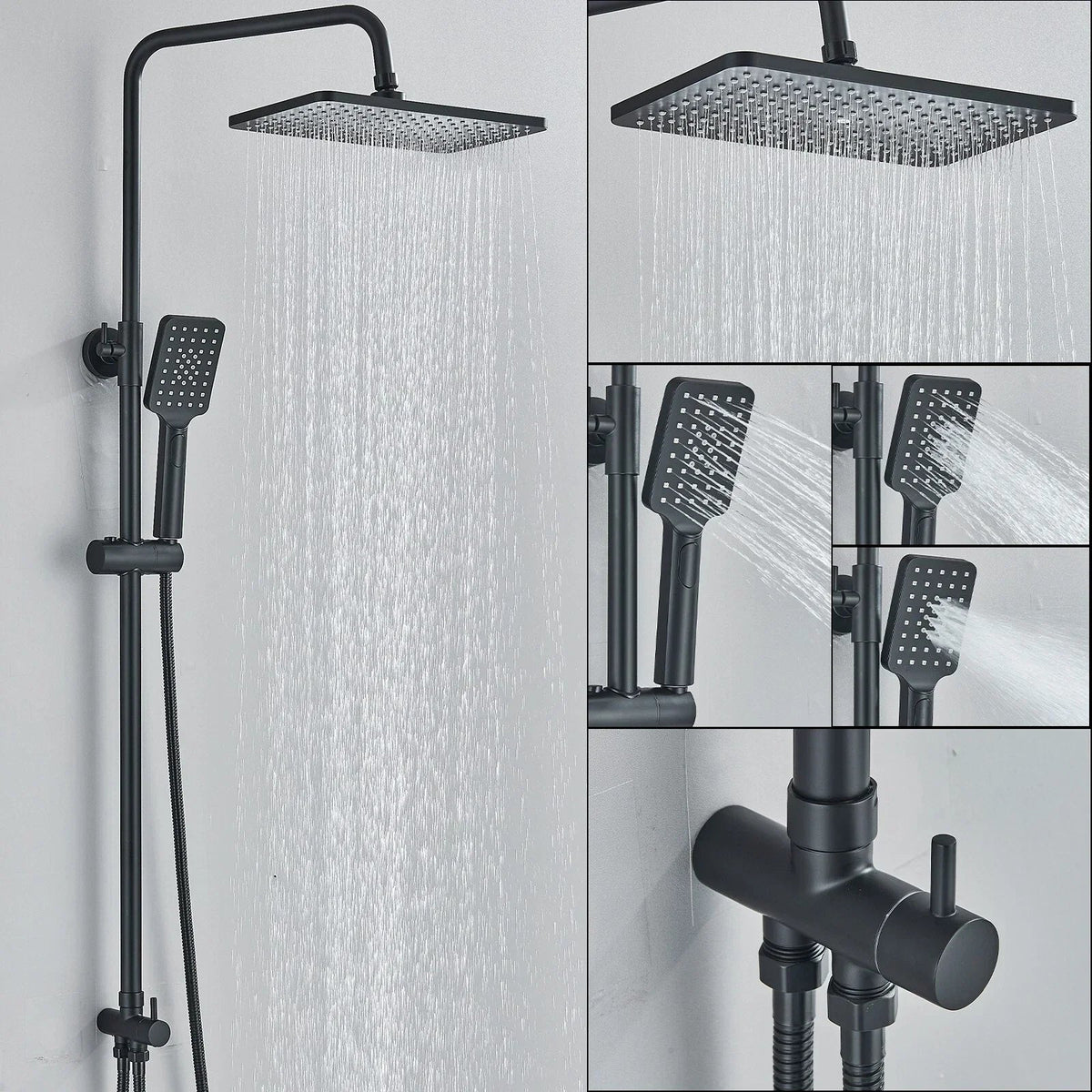 Black Exposed Bathroom Shower Twin Head Large Bar Set Square Valve Rail Hose Tap CorbyCart