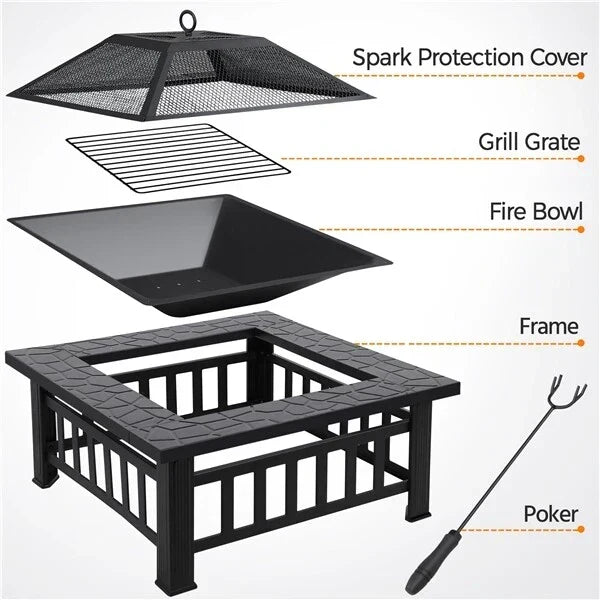Large Fire Pit BBQ Outdoor Iron Grill Square Garden Table Patio Log Burner Stove