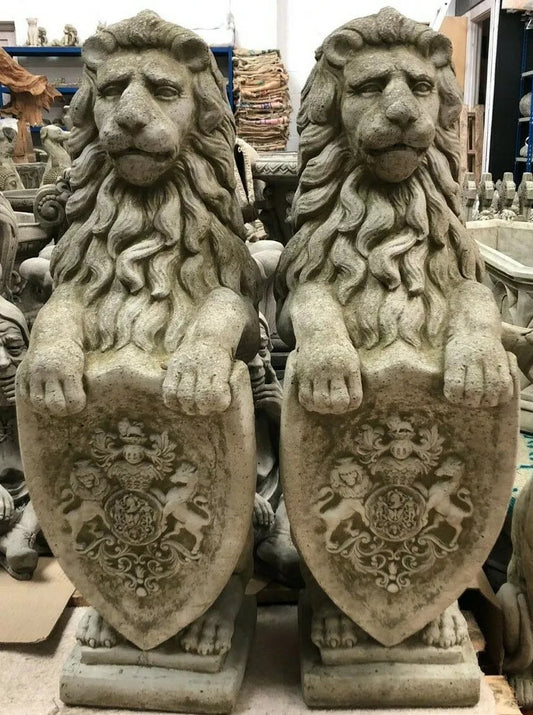 Pair Armorial Lion Statues | Reconstituted Stone Animal Concrete Garden Ornament Corbycart