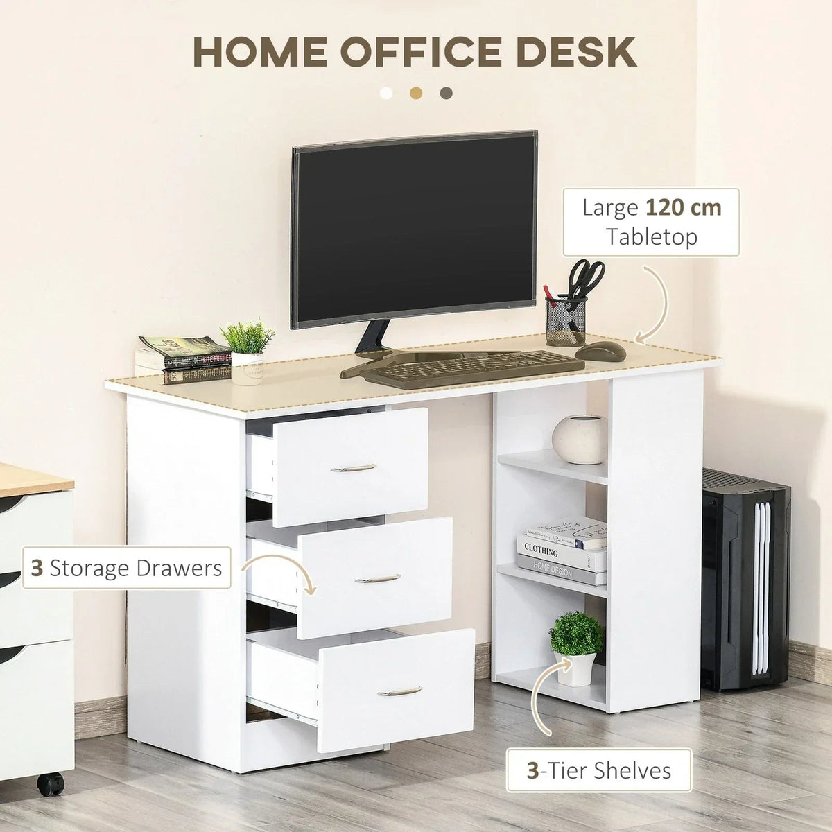 120cm Computer Desk PC Table Workstation w/ 3 Shelf & Drawers White CorbyCart